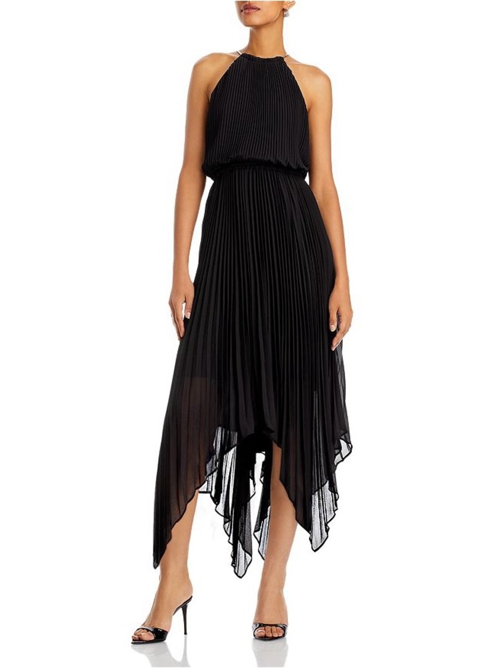 NEW Michael Kors Sz L Pleated Georgette Halter Dress Black